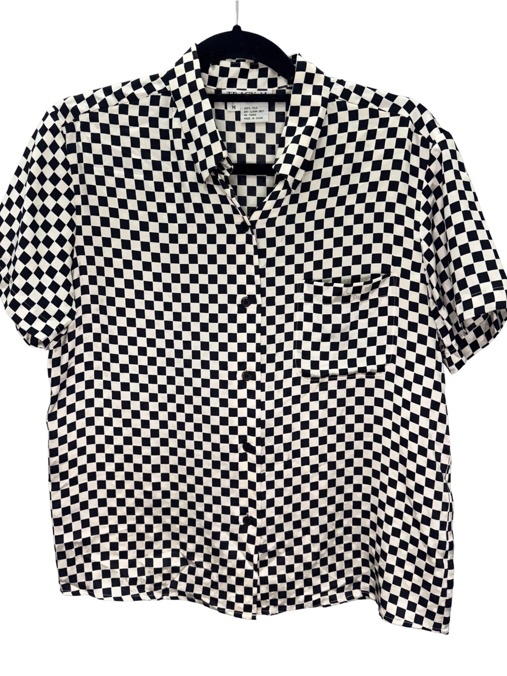 Tracy M Black White Cream Checkerboard Short-Sleeve Button Size Medium